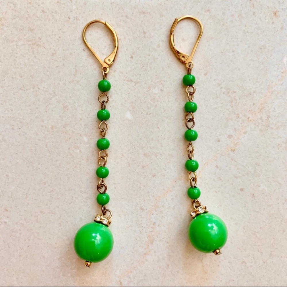 Green and Gold dangle drop ball earrings